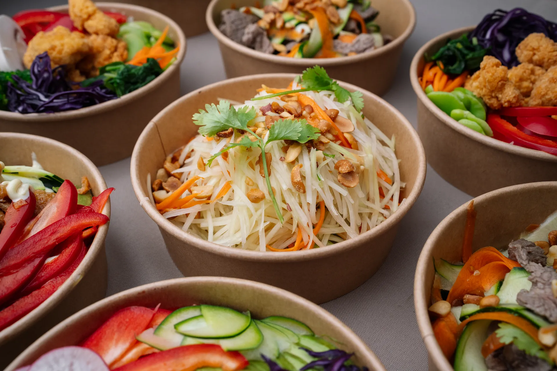 Selection of lunch bowls and wraps